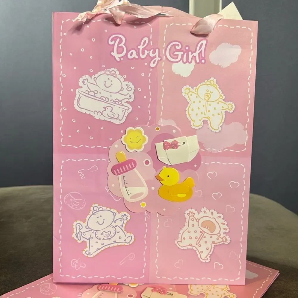 Baby Shower Large Gift Bags 12 Pack Ribbon Handles 6 Designs Pink & Blue NEW
